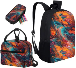 Colorful Fluid Painting 17 Inch Backpack Set for Teenagers Orange Turquoise Gradient School Bookbag and Insulated Lunch Bag Watercolor Paint Pigment 3 in 1 Middle School Book Bag
