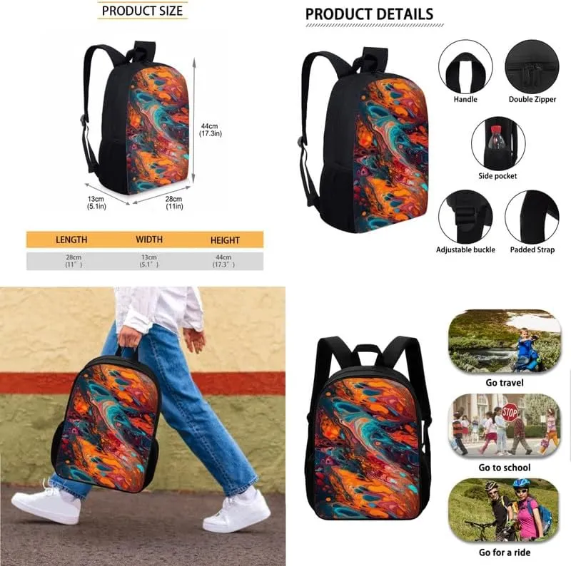 Colorful Fluid Painting 17 Inch Backpack Set for Teenagers Orange Turquoise Gradient School Bookbag and Insulated Lunch Bag Watercolor Paint Pigment 3 in 1 Middle School Book Bag