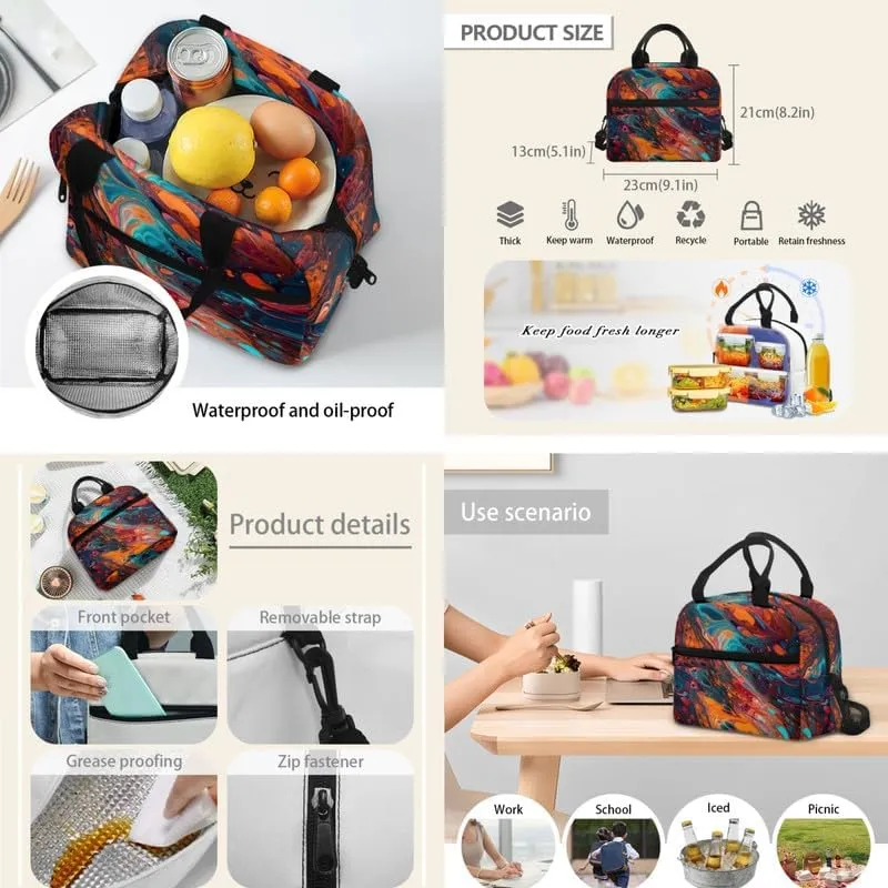 Colorful Fluid Painting 17 Inch Backpack Set for Teenagers Orange Turquoise Gradient School Bookbag and Insulated Lunch Bag Watercolor Paint Pigment 3 in 1 Middle School Book Bag