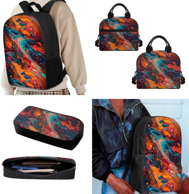 Colorful Fluid Painting 17 Inch Backpack Set for Teenagers Orange Turquoise Gradient School Bookbag and Insulated Lunch Bag Watercolor Paint Pigment 3 in 1 Middle School Book Bag
