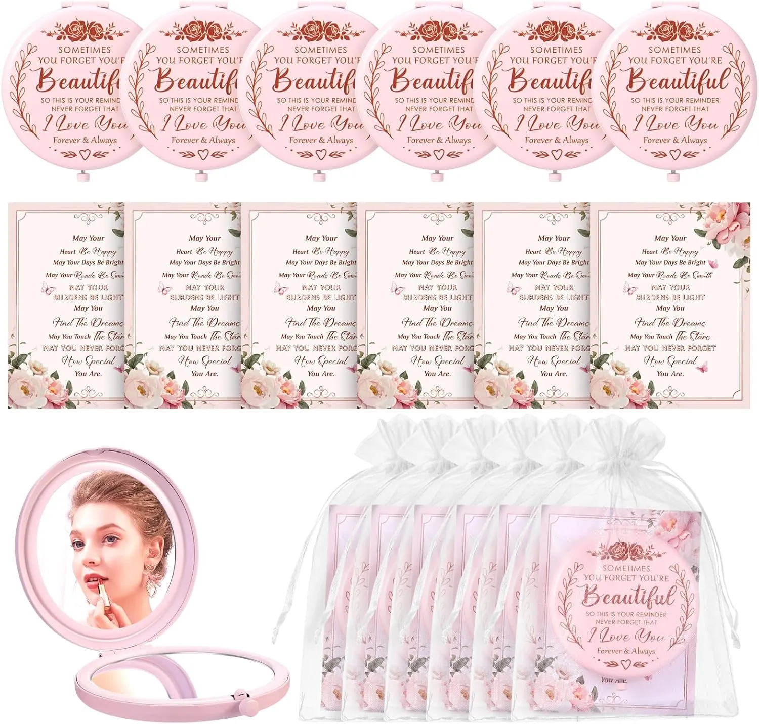 Compact Mirror Bulk, 6 Pack Inspirational Pocket Purse Handheld Mirror Portable Round Makeup Folding Appreciation Gift for Christmas Valentine Daily Travel