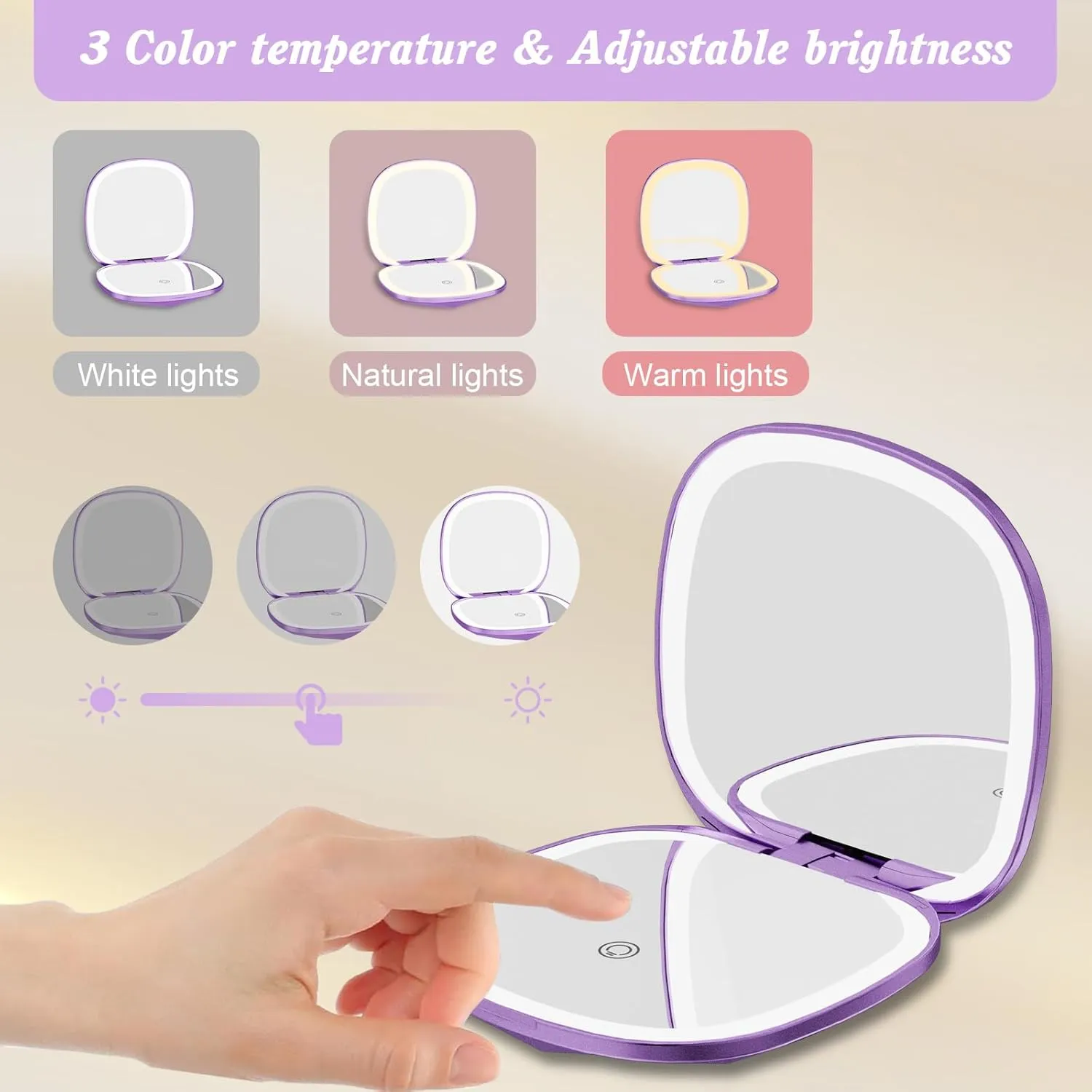 Compact Mirror with Light 1x/10x Magnifying Led Travel Makeup Small Mirror Rechargeable Portable Mirror for Purse Pocket Travel Essentials Accessories for Women Gifts Purple