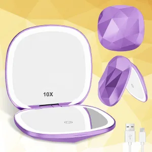 Compact Mirror with Light 1x/10x Magnifying Led Travel Makeup Small Mirror Rechargeable Portable Mirror for Purse Pocket Travel Essentials Accessories for Women Gifts Purple