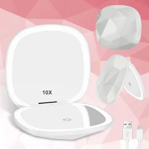 Compact Mirror with Light 1x/10x Magnifying Led Travel Makeup Small Mirror Rechargeable Portable Mirror for Purse Pocket Travel Essentials Accessories for Women Gifts White
