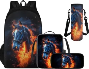 Cool Horse Bookbag and Lunch Box Set for Boys Back to School, 5th Grade Boy Backpack and Lunch Box 4 PCS Set Pencil Case and Water Bottle Holder for Extracurricular Activities