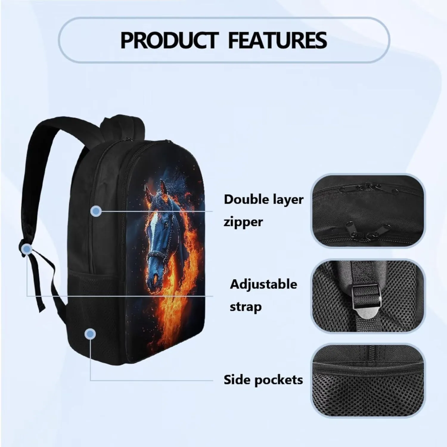 Cool Horse Bookbag and Lunch Box Set for Boys Back to School, 5th Grade Boy Backpack and Lunch Box 4 PCS Set Pencil Case and Water Bottle Holder for Extracurricular Activities