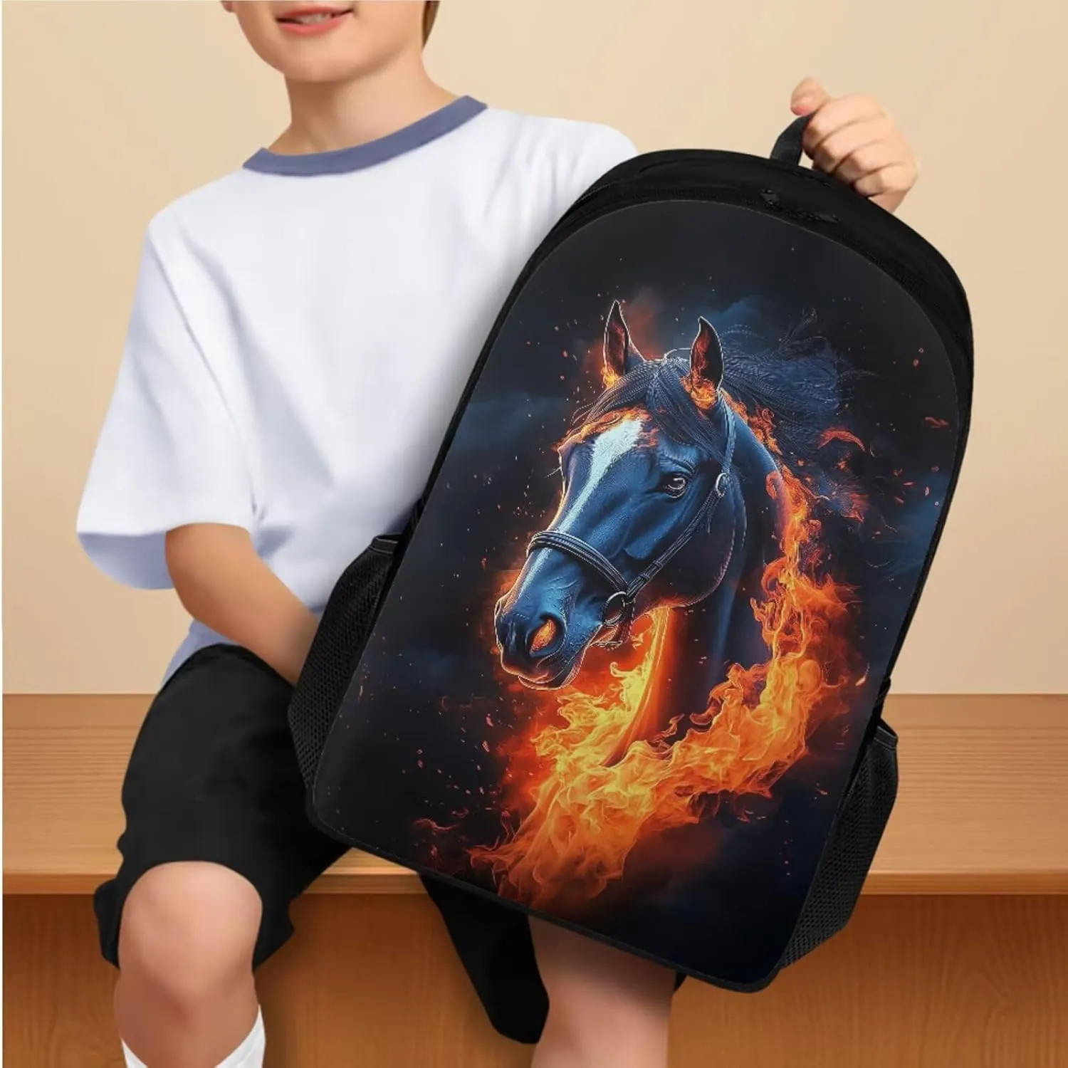 Cool Horse Bookbag and Lunch Box Set for Boys Back to School, 5th Grade Boy Backpack and Lunch Box 4 PCS Set Pencil Case and Water Bottle Holder for Extracurricular Activities