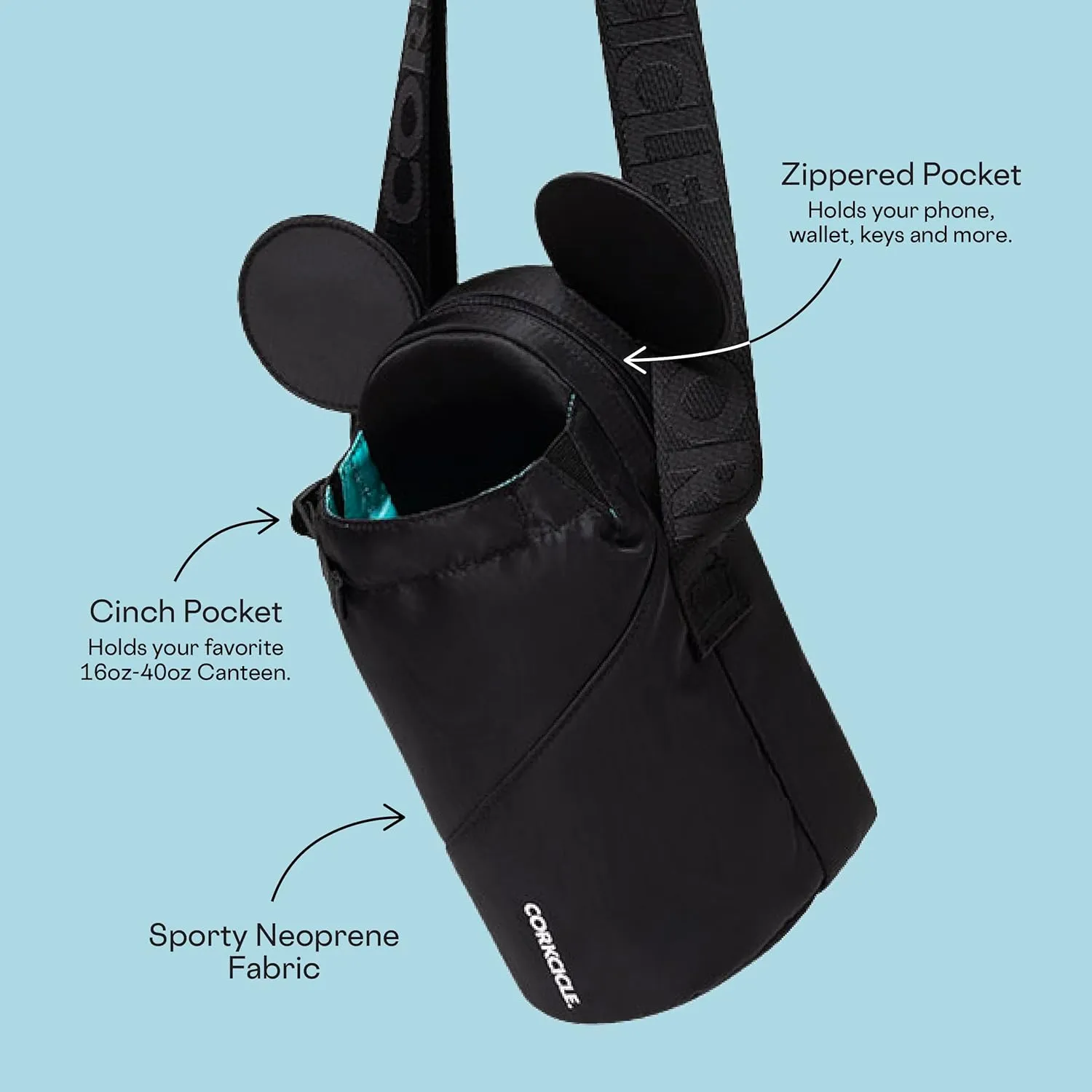 Corkcicle x Disney Minnie Mickey Mouse Ears Crossbody Water Bottle Sling Bag, Black, Fits 16-40 oz Tumbler – Secure Items in Water Bottle Holder with Strap