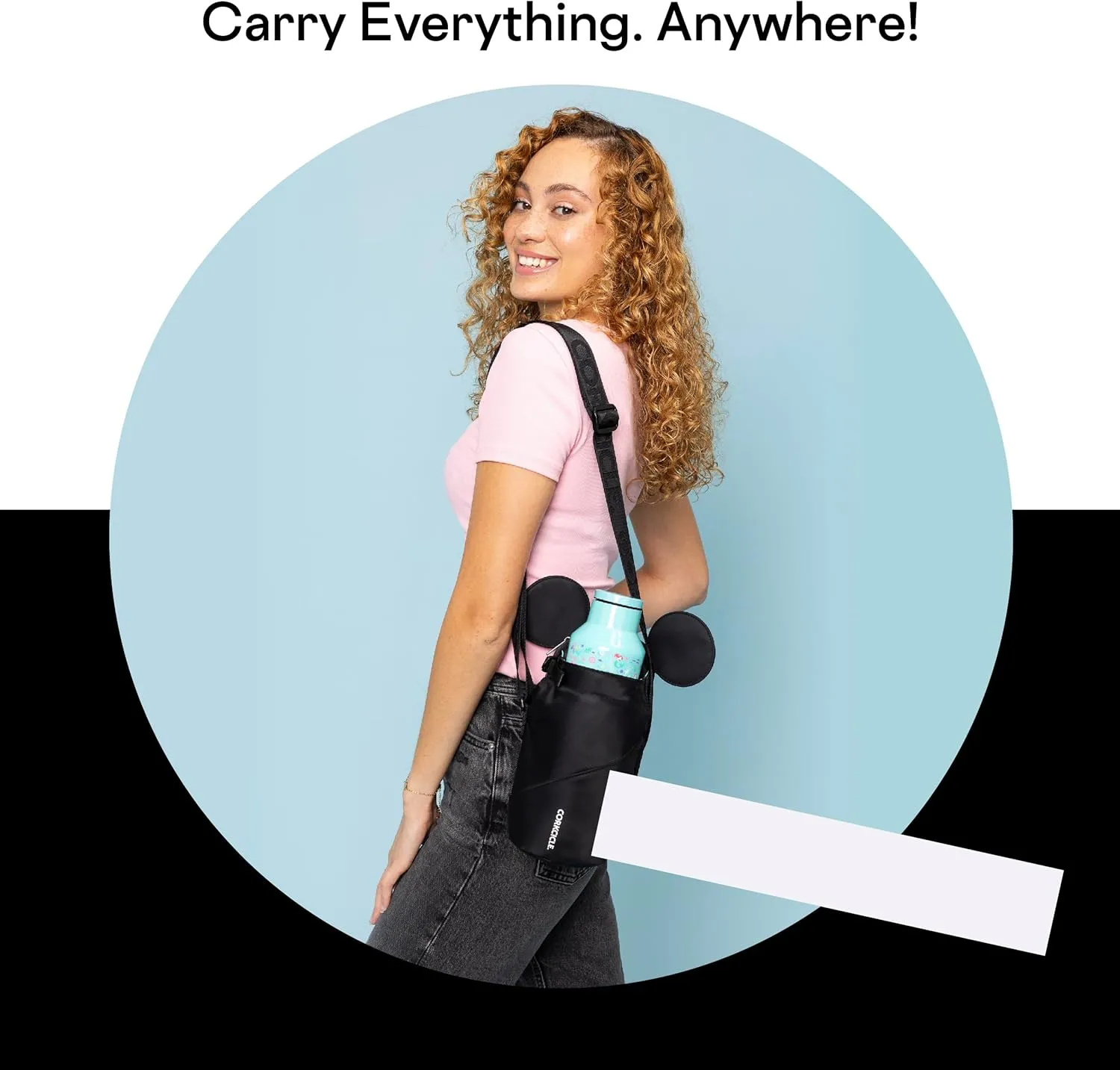 Corkcicle x Disney Minnie Mickey Mouse Ears Crossbody Water Bottle Sling Bag, Black, Fits 16-40 oz Tumbler – Secure Items in Water Bottle Holder with Strap