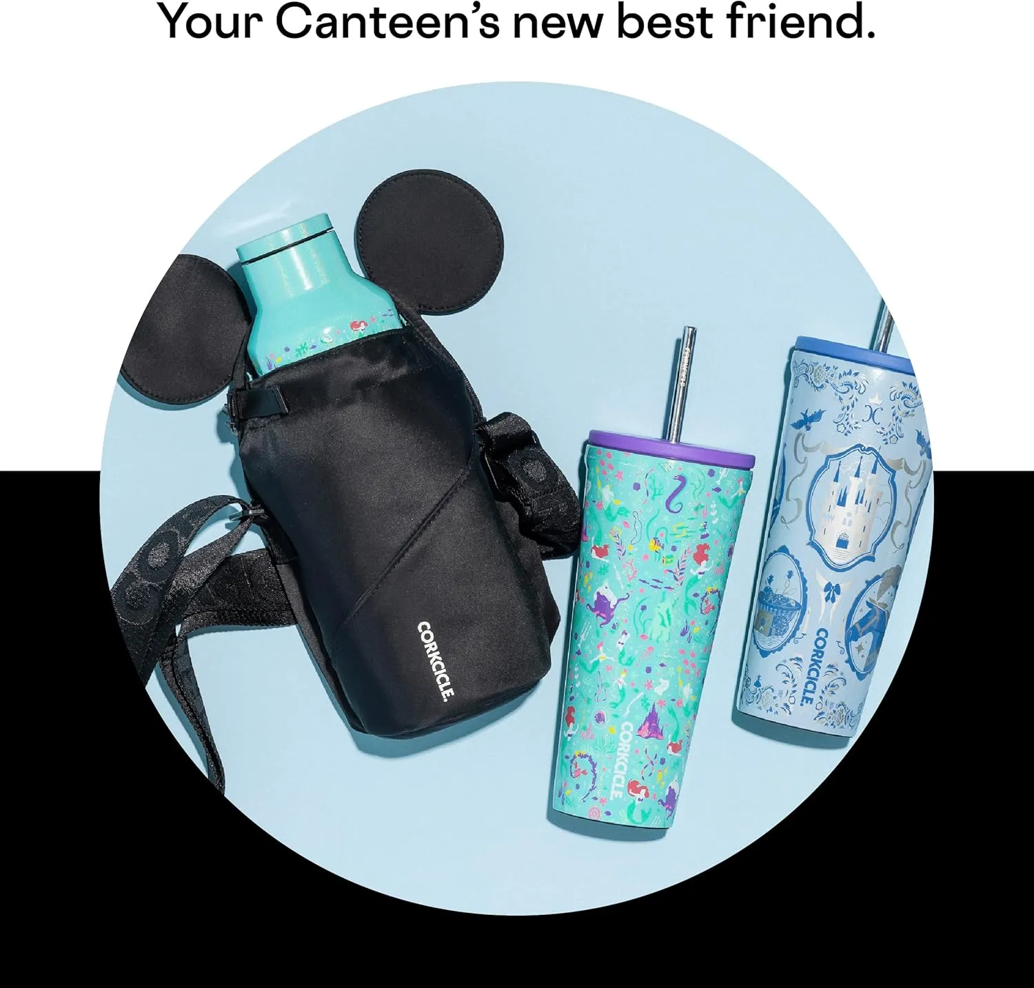 Corkcicle x Disney Minnie Mickey Mouse Ears Crossbody Water Bottle Sling Bag, Black, Fits 16-40 oz Tumbler – Secure Items in Water Bottle Holder with Strap