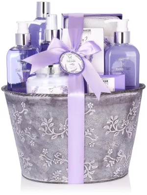 Cosmetics Relaxing at Home Spa Gift Basket - Fresh Lavender - 9 Pcs Bath & Body Gift Set Including Vintage Planter