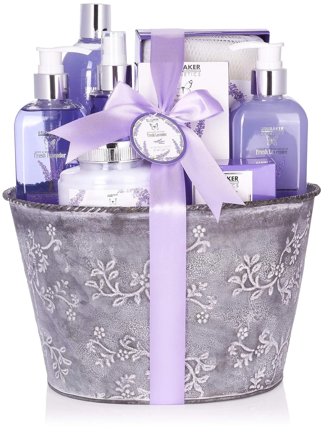 Cosmetics Relaxing at Home Spa Gift Basket - Fresh Lavender - 9 Pcs Bath & Body Gift Set Including Vintage Planter