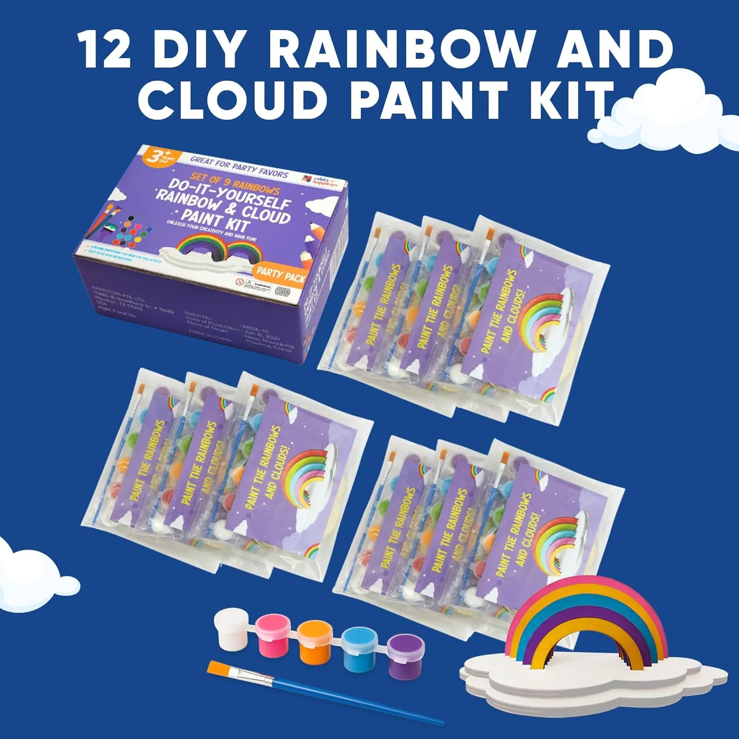 CRAFTY HAPPITOYS Rainbow Painting Set for Kids 12 Pcs - Bulk Stockings & Birthday Goodie Bag Stuffer - Kids Party Favors Toy Return Gifts - Pinata Stuffers - Classroom Treasure Box Carnival Prizes