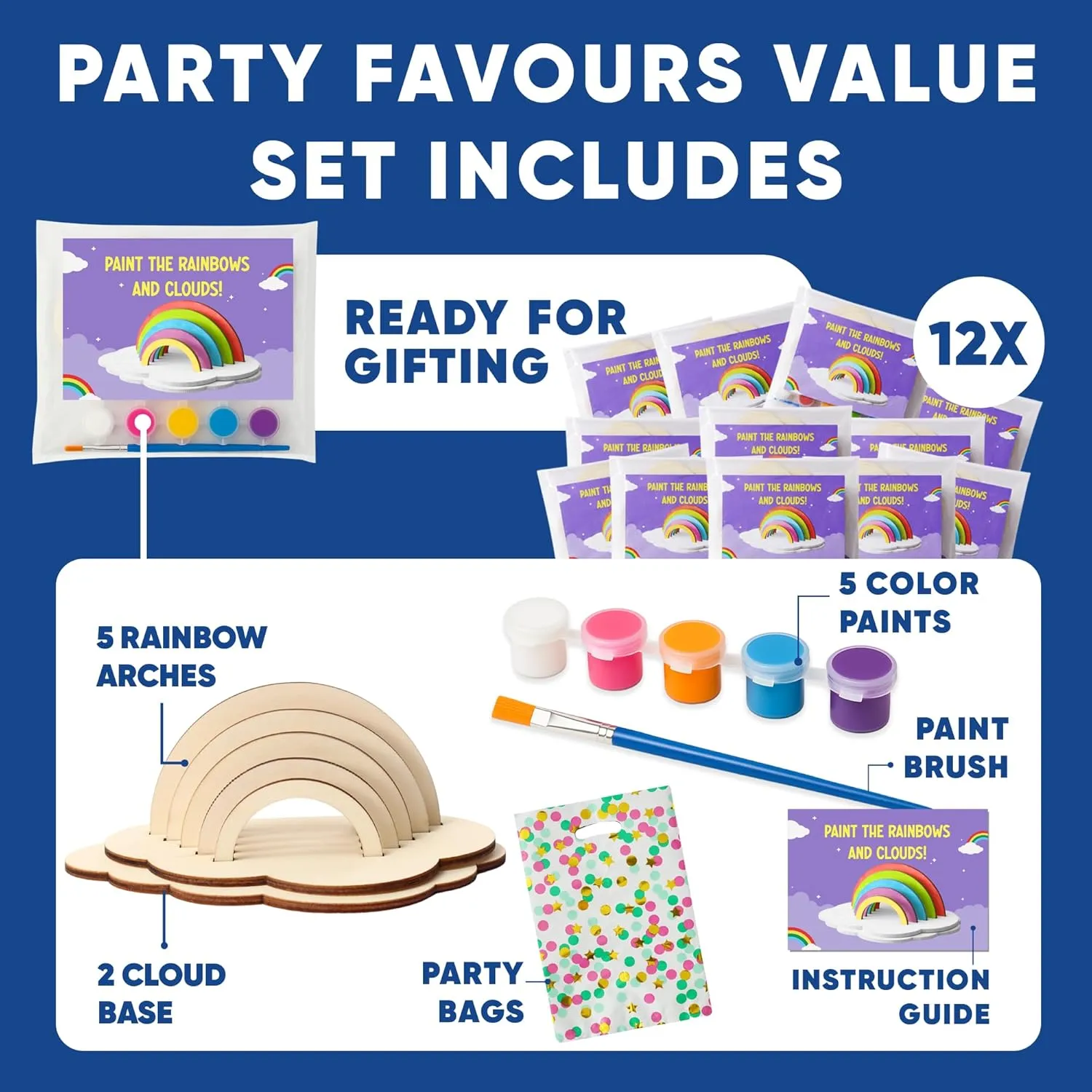 CRAFTY HAPPITOYS Rainbow Painting Set for Kids 12 Pcs - Bulk Stockings & Birthday Goodie Bag Stuffer - Kids Party Favors Toy Return Gifts - Pinata Stuffers - Classroom Treasure Box Carnival Prizes