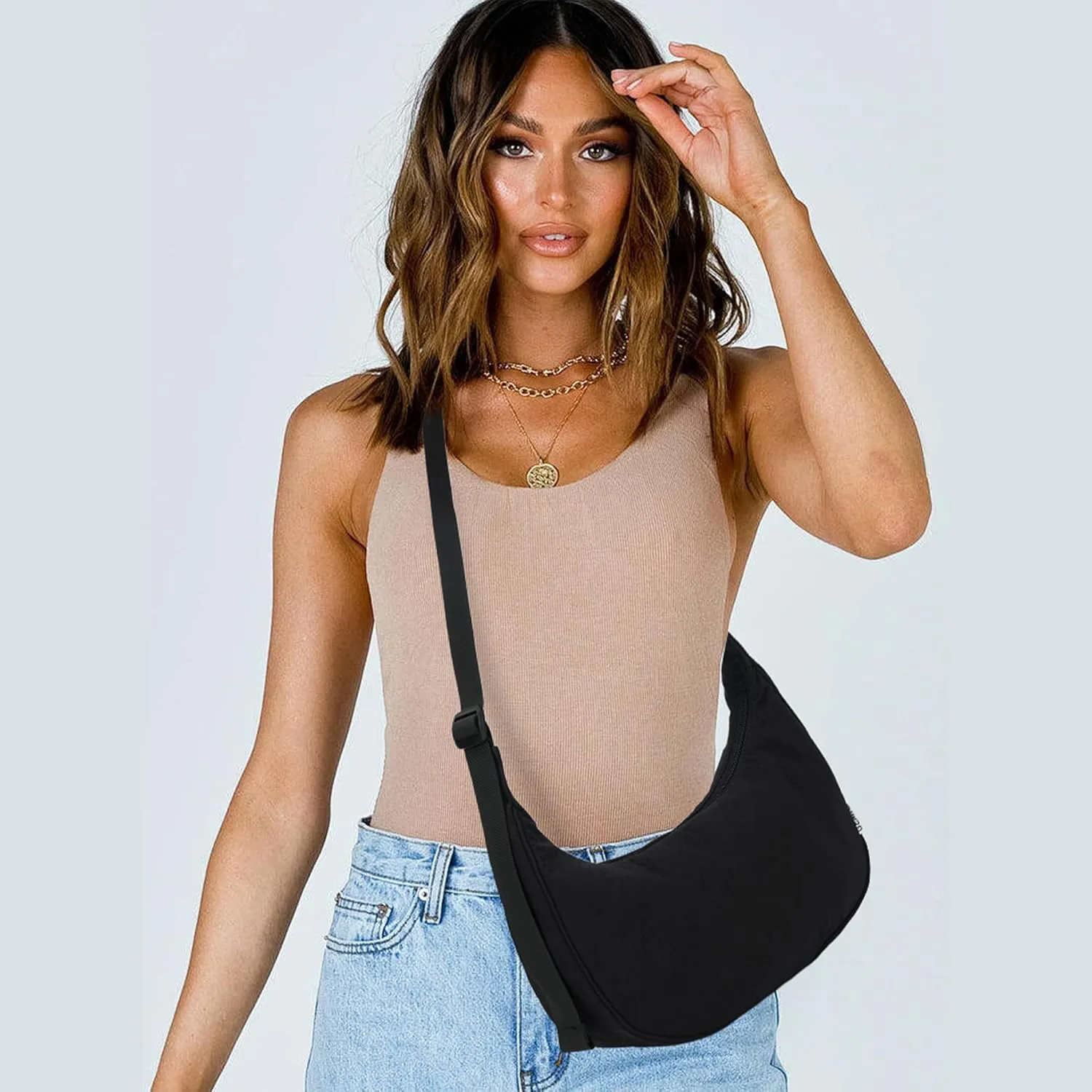 Crescent Bag For Women, Shoulder Bag Nylon Crossbody Bags For Women Multi-Pocket Sling Crossbody Bag Adjustable Strap