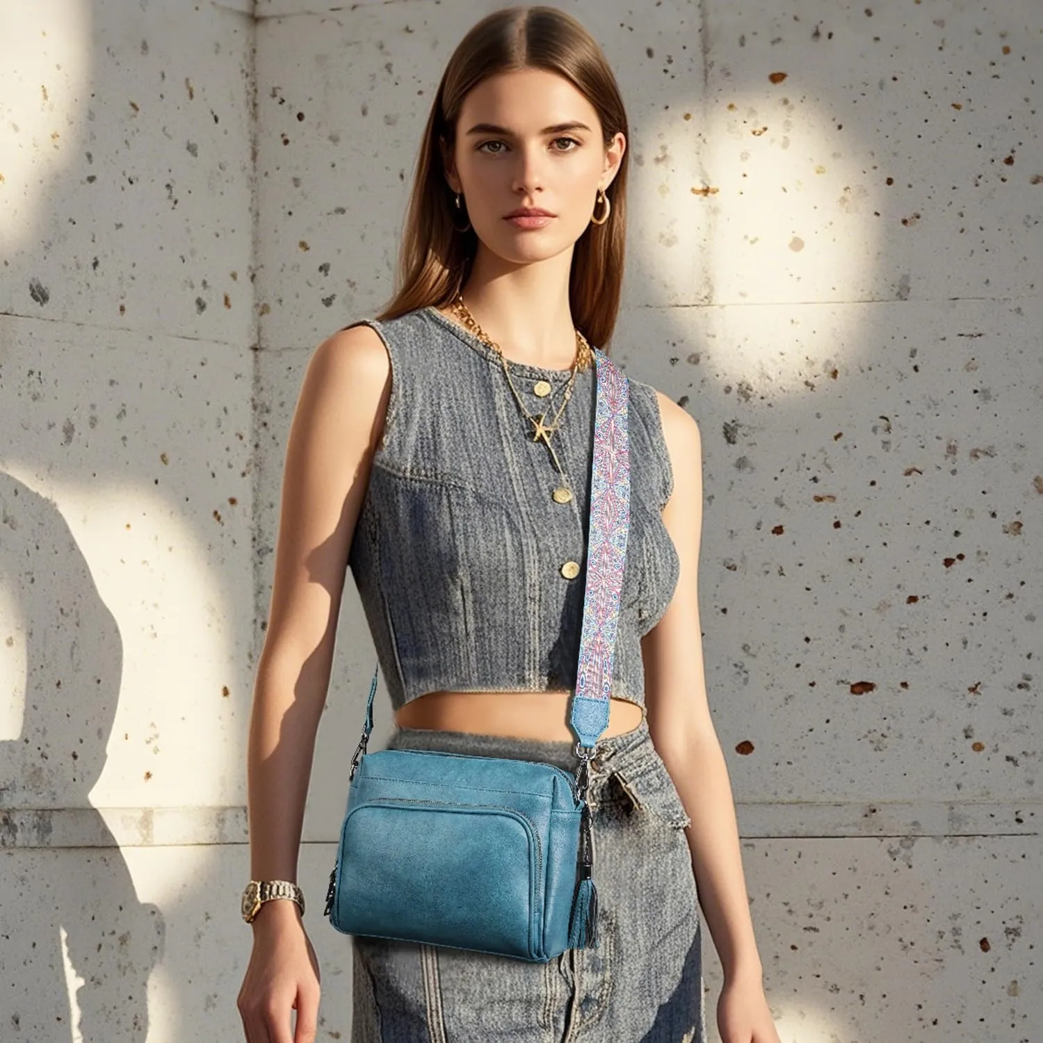 Crossbody Bags for Women Lightweight Vegan Leather Crossbody Shoulder Bag Phone Purse with Adjustable Guitar Strap