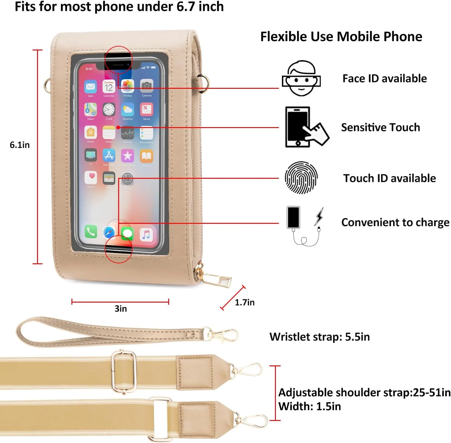 CrossBody Bags with Touchscreen Cell Phone Purse Window Zipper Pocket,RFID Blocking Card Holder iPhone bag for Women
