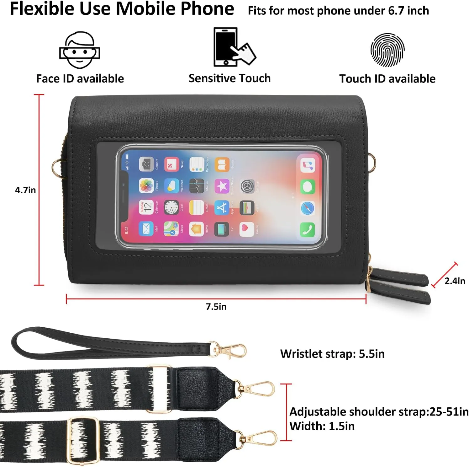 CrossBody Bags with Touchscreen Cell Phone Purse Window Zipper Pocket,RFID Blocking Card Holder iPhone bag for Women