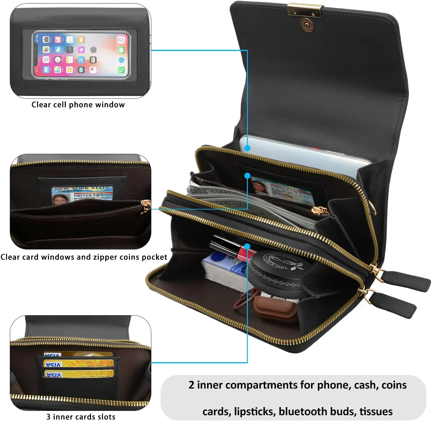 CrossBody Bags with Touchscreen Cell Phone Purse Window Zipper Pocket,RFID Blocking Card Holder iPhone bag for Women