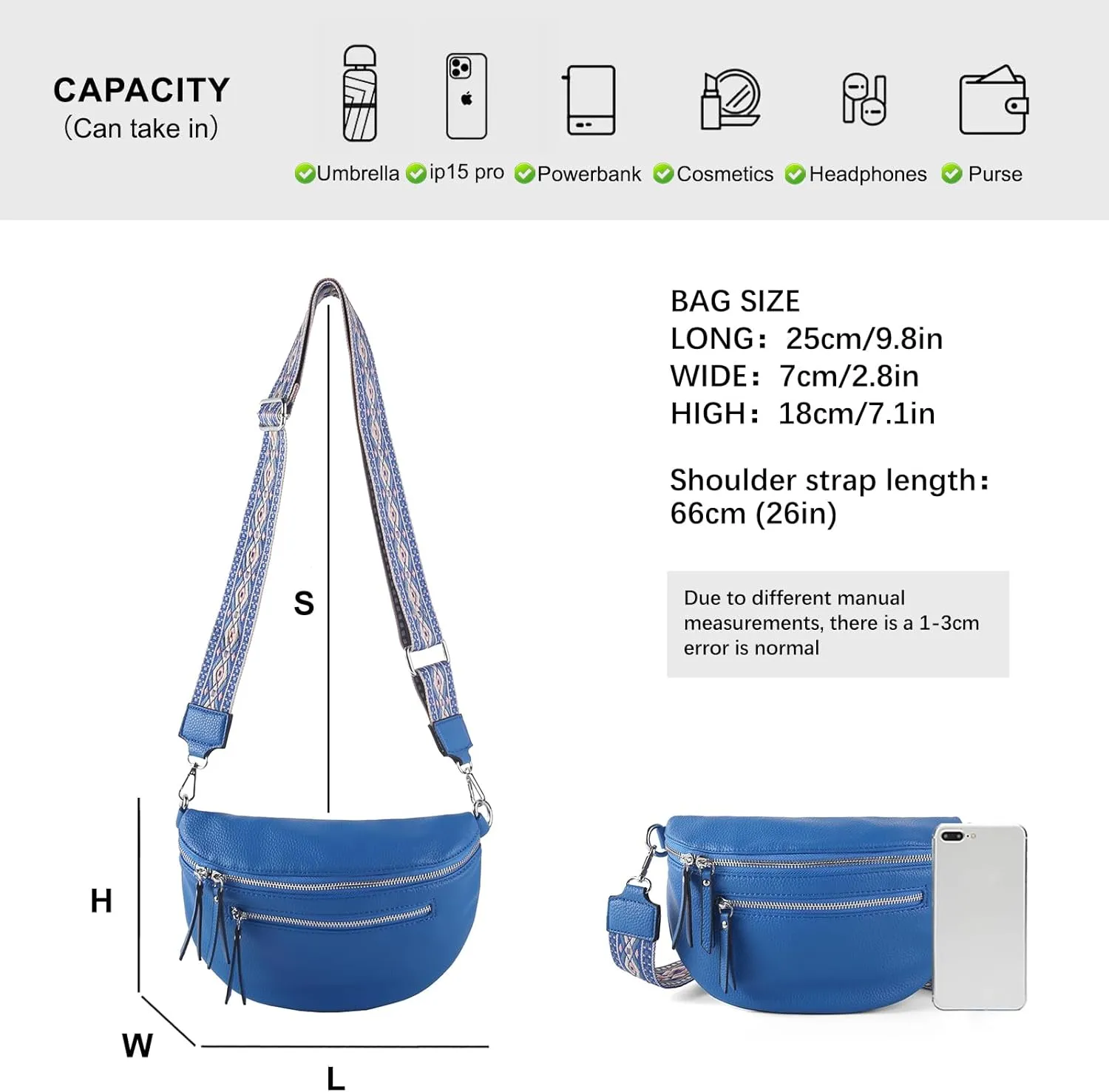 Crossbody Fanny Packs for Women Sling Bags with Coin Purse Bumbag Vegan Leather Belt Bag Chest Purse for Travel (Blue)
