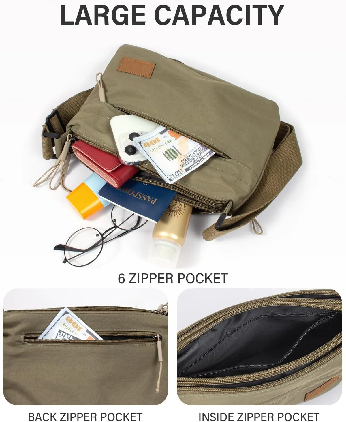 Crossbody Sling Bag Canvas Purse Small Shoulder Handbag 5 Pocket Casual Travel Messenger Hobo Bag Phone Satchel Backpack