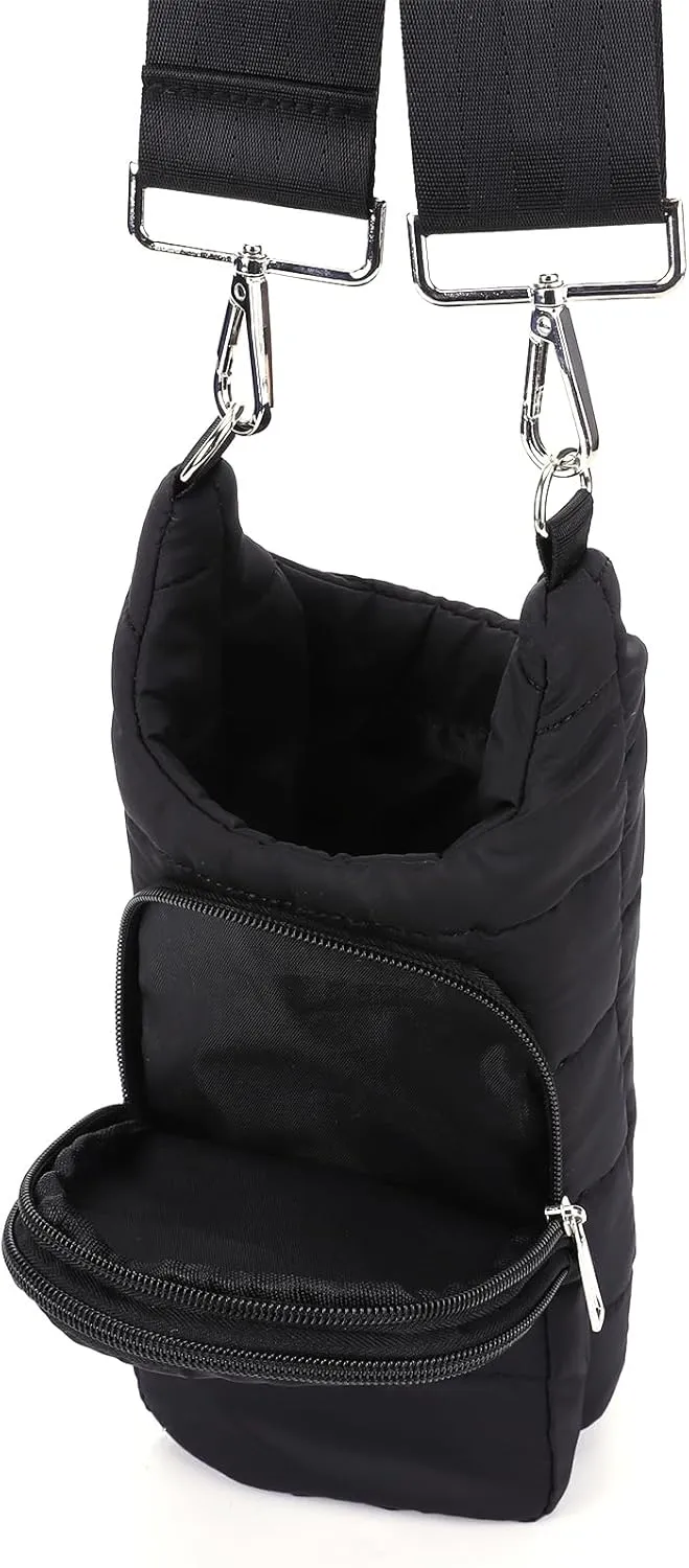 Crossbody Water Bottle Sling Bag, Puffer Water Bottle Holder with Strap, Lightweight Water Bottle Carrier Bag with Phone Pocket