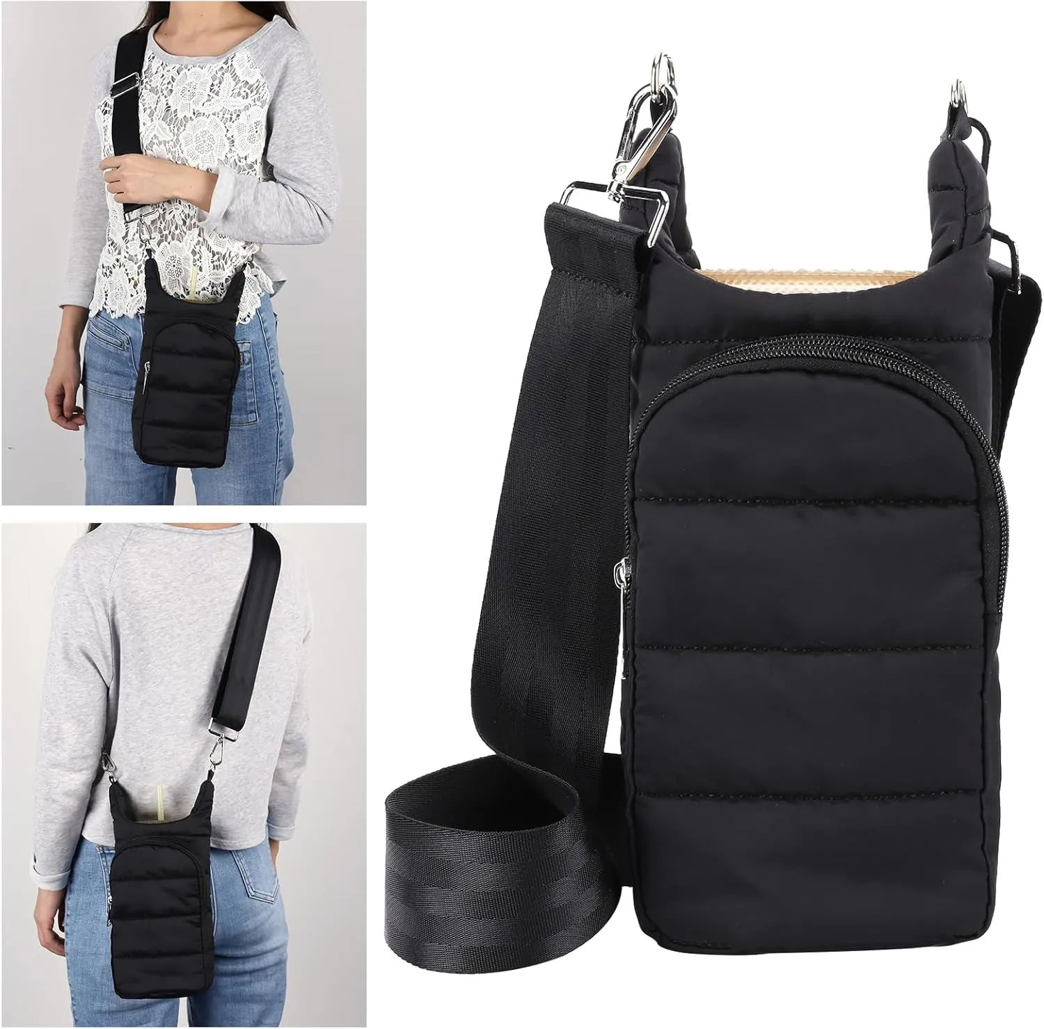Crossbody Water Bottle Sling Bag, Puffer Water Bottle Holder with Strap, Lightweight Water Bottle Carrier Bag with Phone Pocket