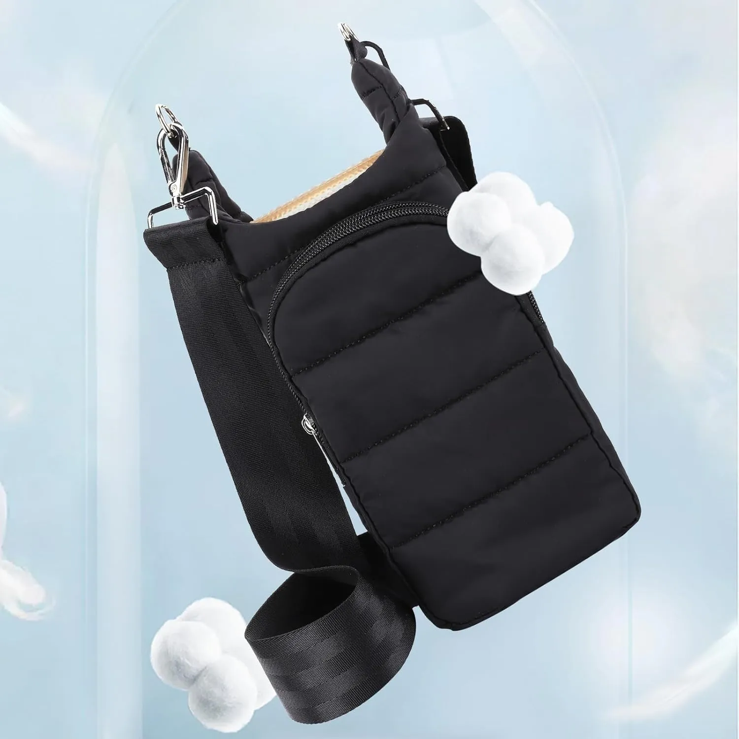 Crossbody Water Bottle Sling Bag, Puffer Water Bottle Holder with Strap, Lightweight Water Bottle Carrier Bag with Phone Pocket