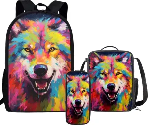 Cumagical Wolf Animal Color Print Lightweight Backpack Bookbags Outdoor Travel Laptop Daypack 3 Pieces Set With Lunch Bag, Pencil Bag