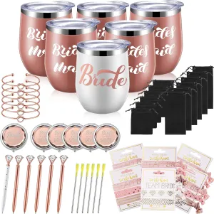Cunhill 60 Pcs Bridesmaids Proposal Gift Bride Makeup Mirrors Knot Bracelet Stainless Steel Wine Tumblers Hair Ties Diamond Pen Shower Gift for Wedding Party(White, Rose Gold)
