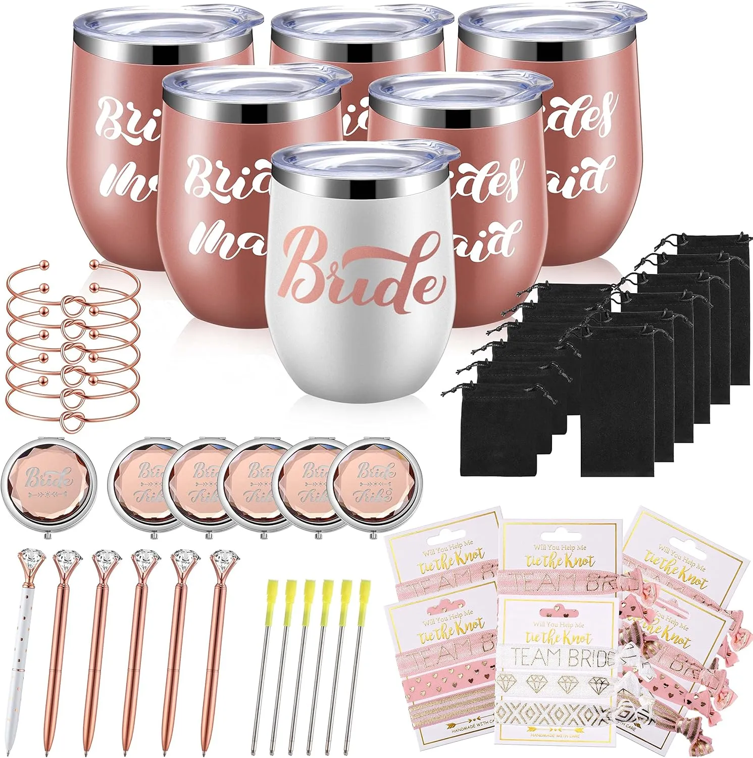 Cunhill 60 Pcs Bridesmaids Proposal Gift Bride Makeup Mirrors Knot Bracelet Stainless Steel Wine Tumblers Hair Ties Diamond Pen Shower Gift for Wedding Party(White, Rose Gold)