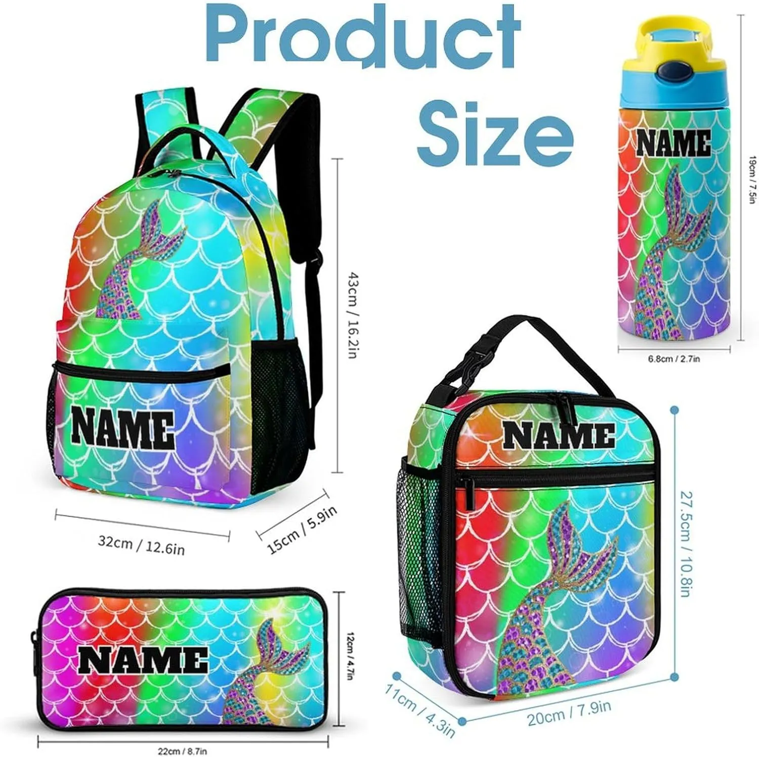 Custom Colorful Rainbow Mermaid 4Pcs Backpack Set with Lunch Bag Pencil Case Water Bottle Personalized Name Text School Book Bags Customized Backpack Set for Girls Boys Kids