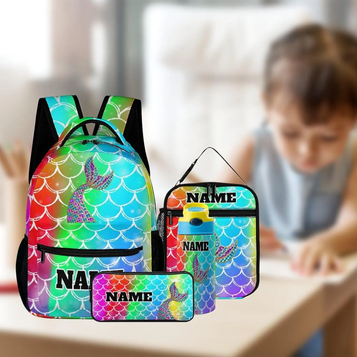 Custom Colorful Rainbow Mermaid 4Pcs Backpack Set with Lunch Bag Pencil Case Water Bottle Personalized Name Text School Book Bags Customized Backpack Set for Girls Boys Kids