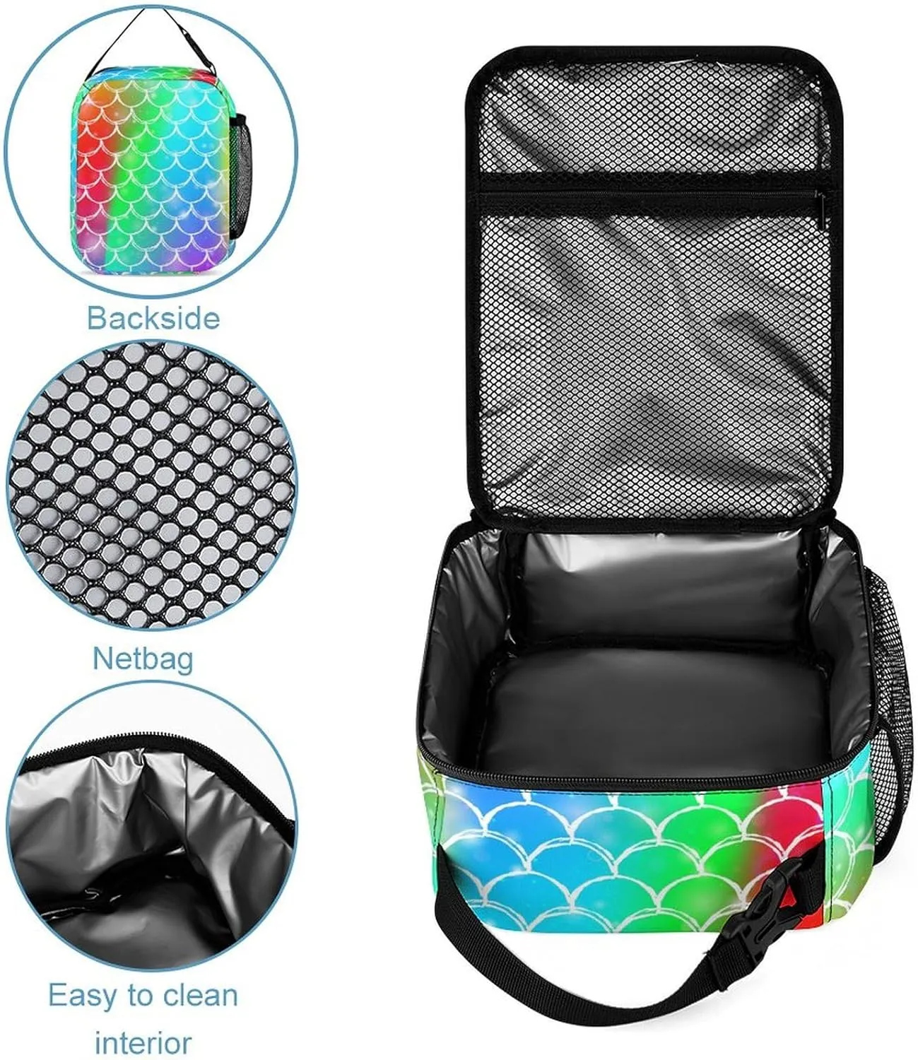 Custom Colorful Rainbow Mermaid 4Pcs Backpack Set with Lunch Bag Pencil Case Water Bottle Personalized Name Text School Book Bags Customized Backpack Set for Girls Boys Kids