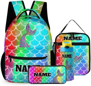 Custom Colorful Rainbow Mermaid 4Pcs Backpack Set with Lunch Bag Pencil Case Water Bottle Personalized Name Text School Book Bags Customized Backpack Set for Girls Boys Kids