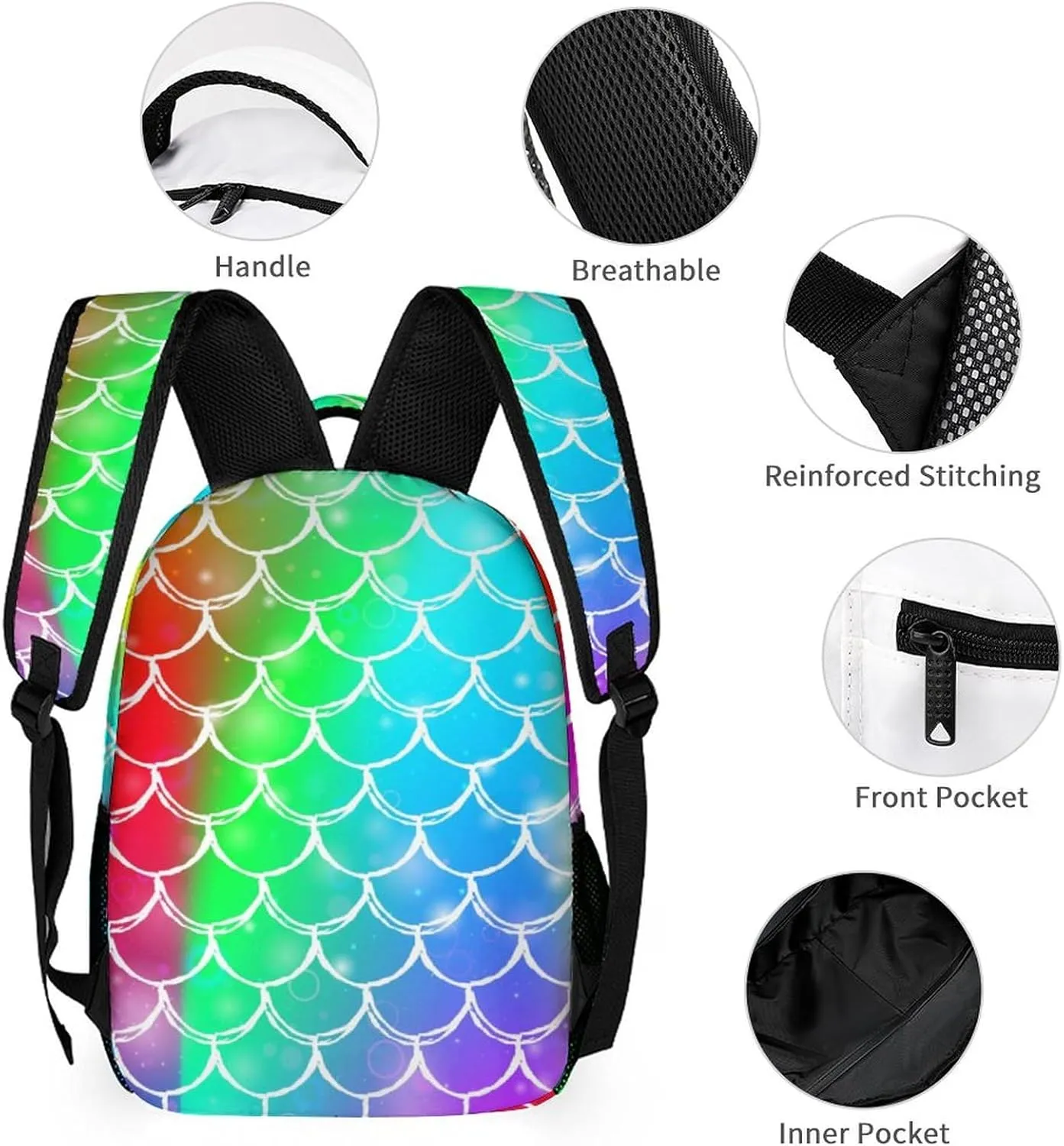 Custom Colorful Rainbow Mermaid 4Pcs Backpack Set with Lunch Bag Pencil Case Water Bottle Personalized Name Text School Book Bags Customized Backpack Set for Girls Boys Kids