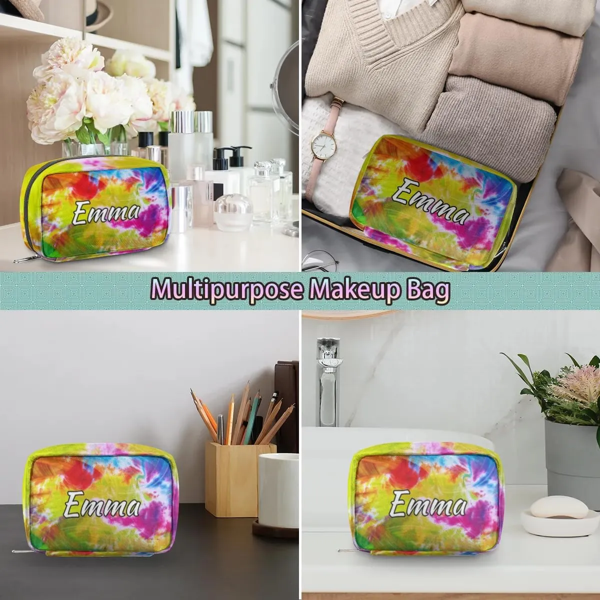 Custom Name Cosmetic Bag, Rainbow Tie Dye Personalized Bridesmaid Makeup Bag, Personalised Gift for Bridesmaid, Abstract Tie Dye Travel Makeup Bag, Bridesmaid Gifts, Organizer