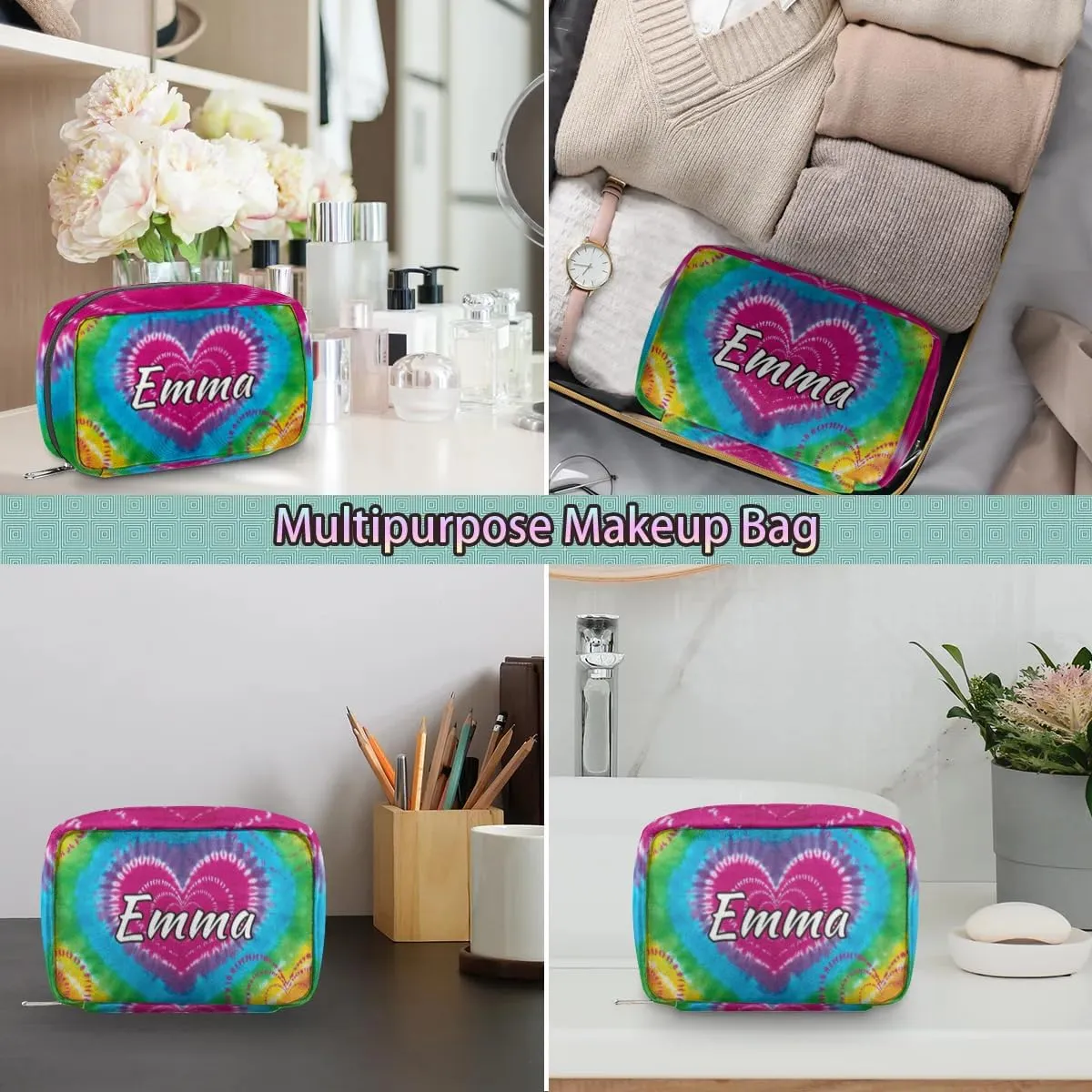 Custom Name Cosmetic Bag, Tie Dye Design Personalized Bridesmaid Makeup Bag, Personalised Gift for Bridesmaid, Tie Dye Travel Makeup Bag, Bridesmaid Gifts, Organizer