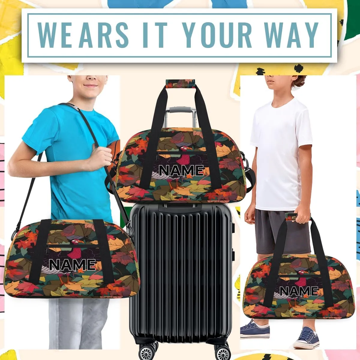 Custom Thanksgiving Fall Small Gym Bag 18 inch for Women Men Personalized Turkey Autumn Leaves Carry On Overnight Weekender Bag for Travel Work Dance Sport