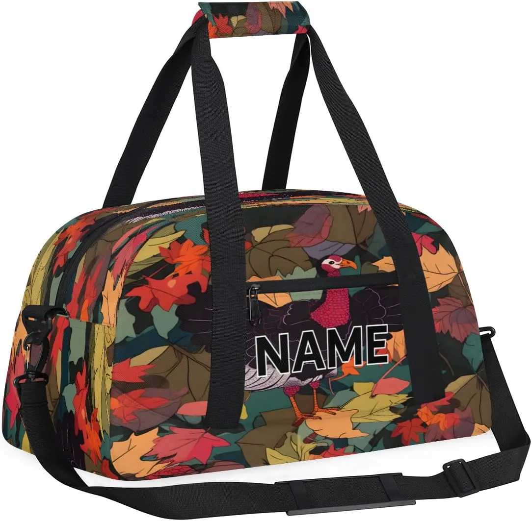 Custom Thanksgiving Fall Small Gym Bag 18 inch for Women Men Personalized Turkey Autumn Leaves Carry On Overnight Weekender Bag for Travel Work Dance Sport