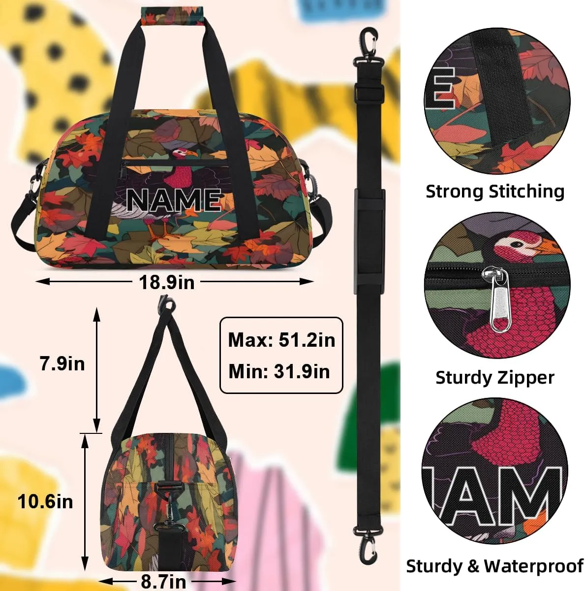 Custom Thanksgiving Fall Small Gym Bag 18 inch for Women Men Personalized Turkey Autumn Leaves Carry On Overnight Weekender Bag for Travel Work Dance Sport