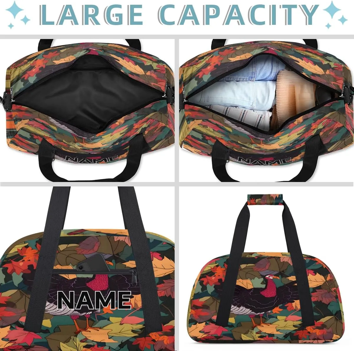 Custom Thanksgiving Fall Small Gym Bag 18 inch for Women Men Personalized Turkey Autumn Leaves Carry On Overnight Weekender Bag for Travel Work Dance Sport