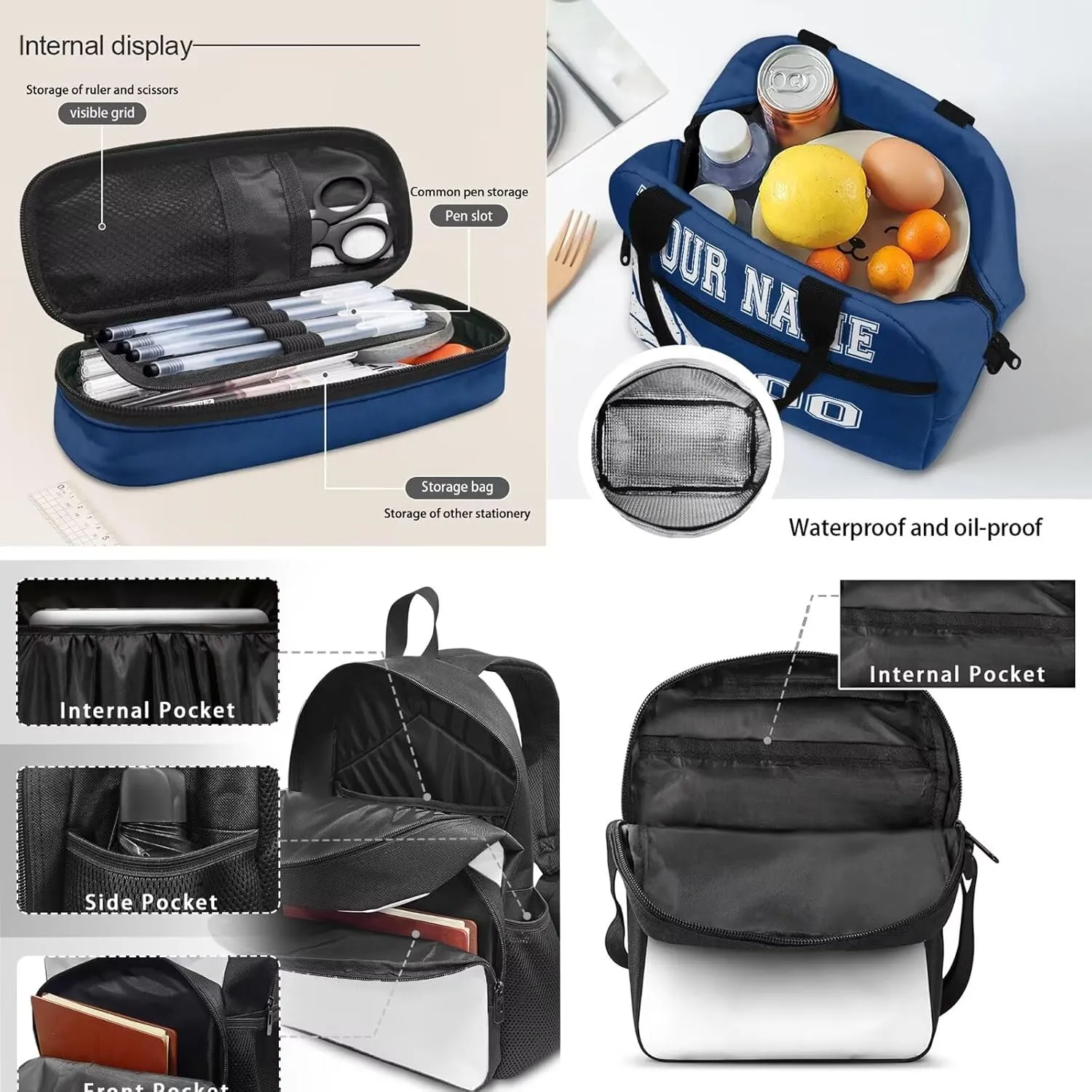Customized Name Blue Basketball Sport Print School Backpack Set for Boys, Kawaii Kids Backpack Student Bookbag with Matching Lunch Bag & Pencil Pouch