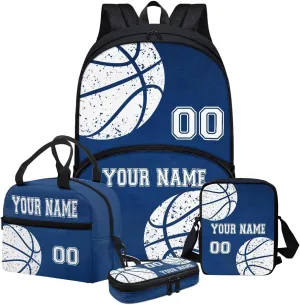 Customized Name Blue Basketball Sport Print School Backpack Set for Boys, Kawaii Kids Backpack Student Bookbag with Matching Lunch Bag & Pencil Pouch