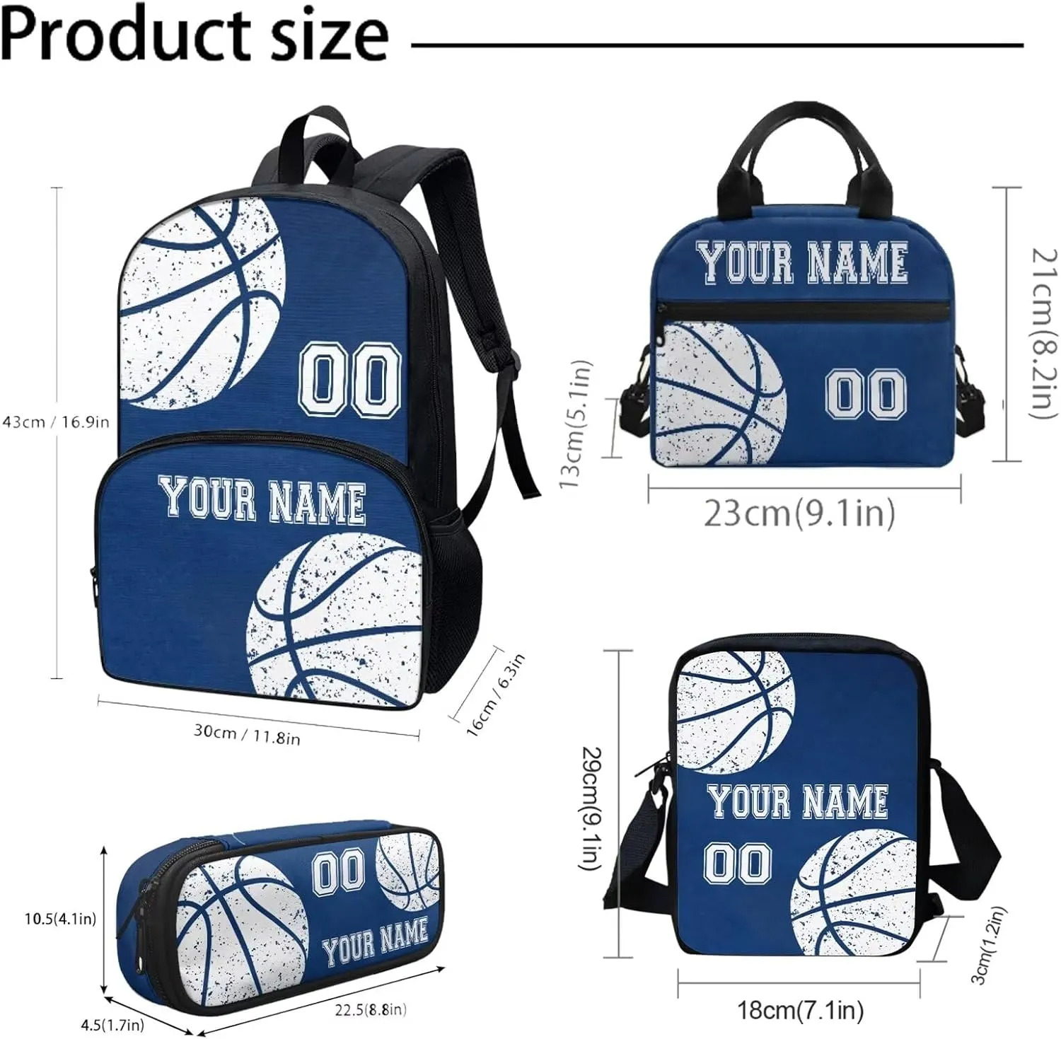 Customized Name Blue Basketball Sport Print School Backpack Set for Boys, Kawaii Kids Backpack Student Bookbag with Matching Lunch Bag & Pencil Pouch