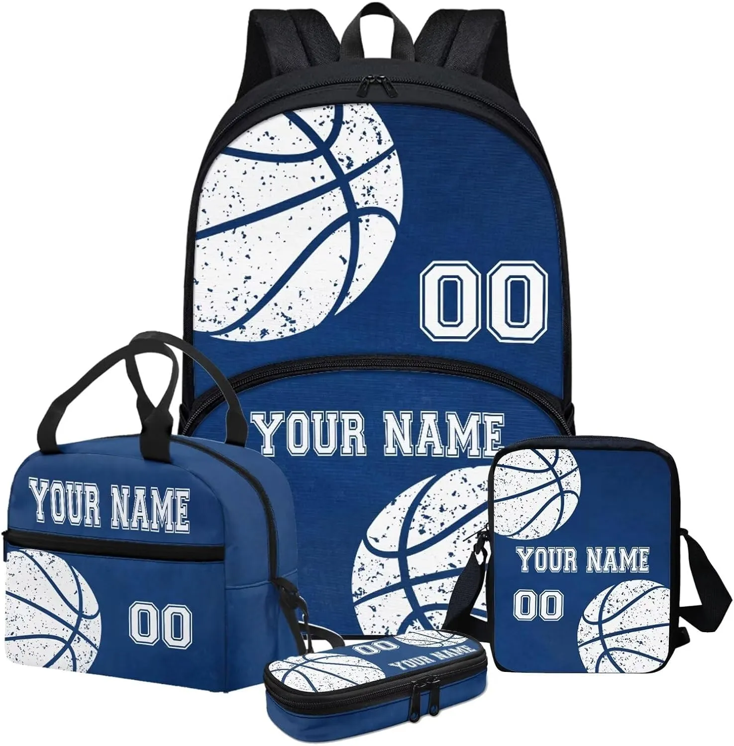 Customized Name Blue Basketball Sport Print School Backpack Set for Boys, Kawaii Kids Backpack Student Bookbag with Matching Lunch Bag & Pencil Pouch