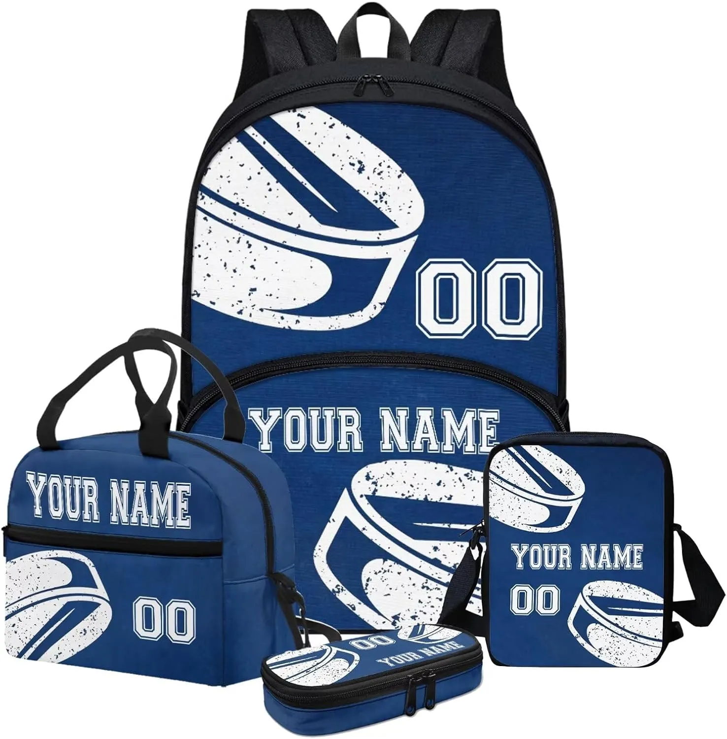 Customized Name Blue Hockey Ball Sport Print Backpacks for Girls Back To School Bookbags Teenage with Lunchbox Pen Case Crossbody Bag