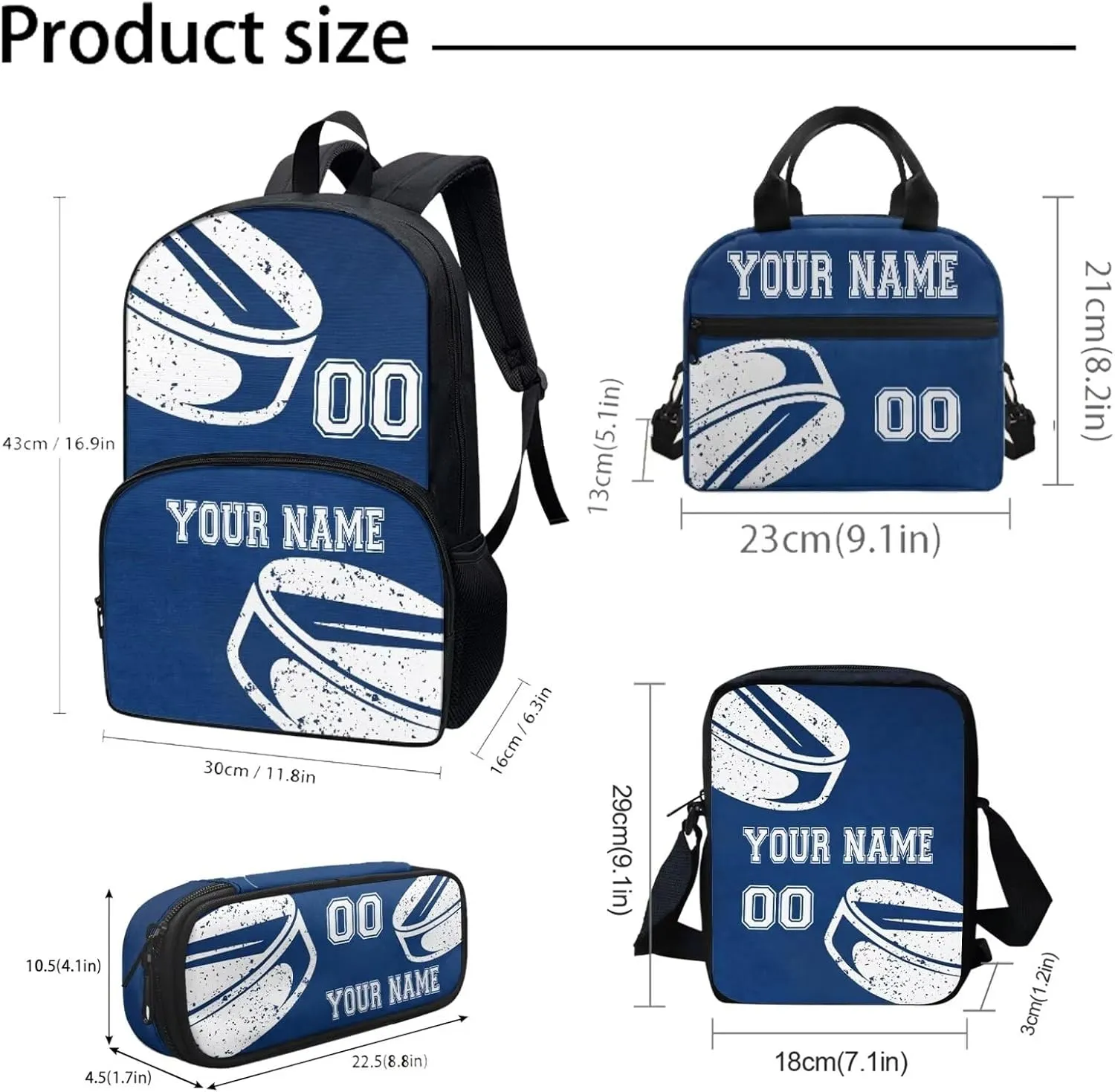 Customized Name Blue Hockey Ball Sport Print Backpacks for Girls Back To School Bookbags Teenage with Lunchbox Pen Case Crossbody Bag