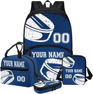 Customized Name Blue Hockey Ball Sport Print Backpacks for Girls Back To School Bookbags Teenage with Lunchbox Pen Case Crossbody Bag