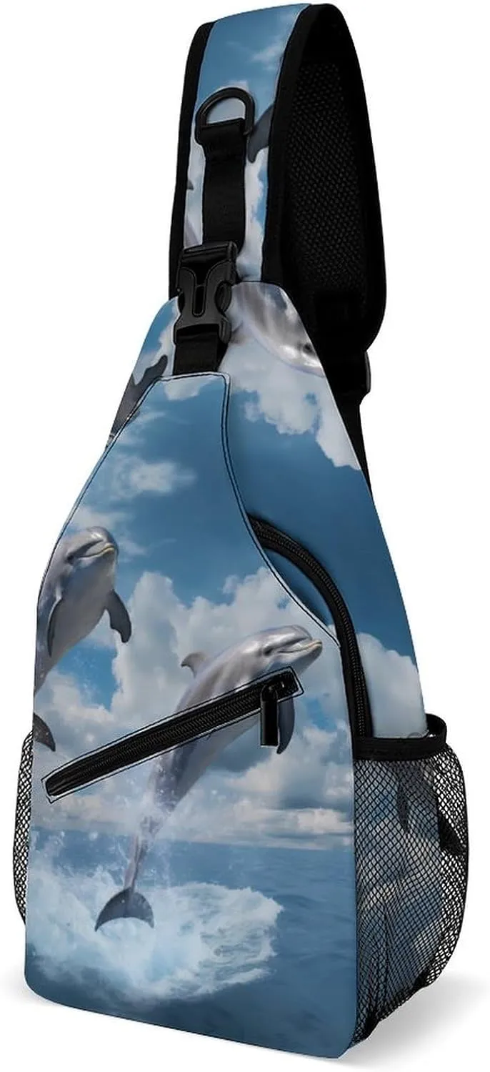 Cute Animal Two Dolphin Jump Crossbody Sling Bag for Men Women Lightweight Chest Bag Sling Backpack for Hiking Travel
